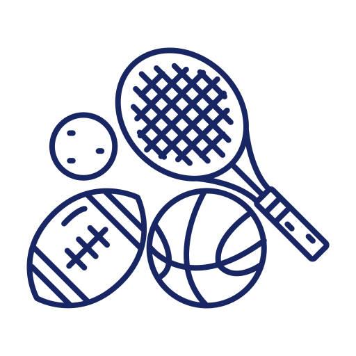 Icon for sports with a softball, volleyball, football, and tennis racquet