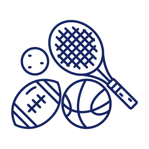 Icon for sports with a softball, volleyball, football, and tennis racquet